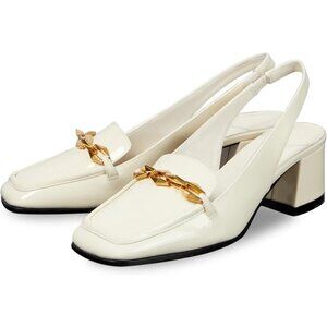 🆕White Sling back Heels for Women Chunky Block Heel Faux Leather Casual Slide